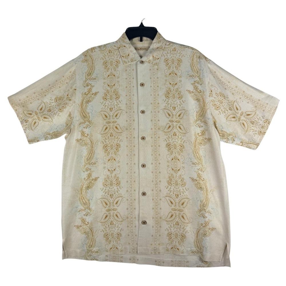 Tommy Bahama Mens M Paisley Camp Shirt Cream Tan Short Sleeve Button Up